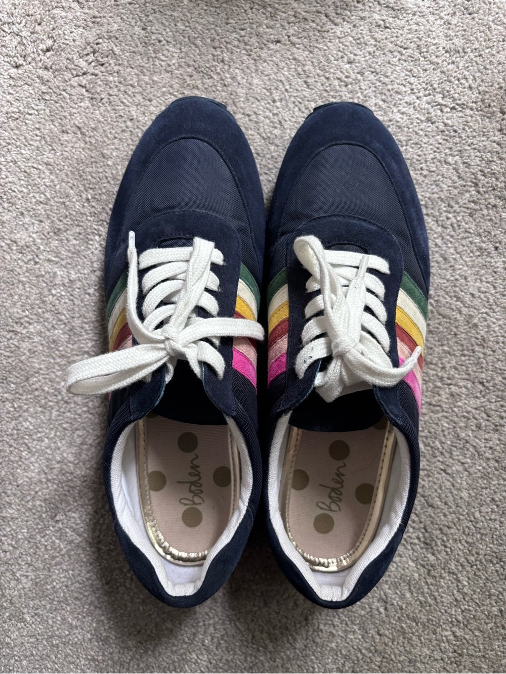 Boden Navy Suede Sneaker with Multicolor Stripe Accents